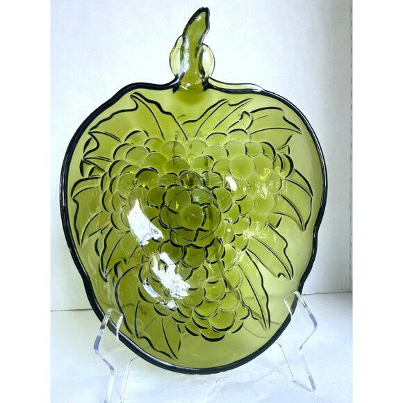 Vtg Green Indiana Glass Grape & Leaf Decorative Bowl Plate With Stem Handle READ - Picture 1 of 11